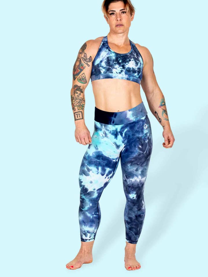 Aqua Tie Dye Empowered CT Free 7/8 Leggings for wholesale by GRRRL