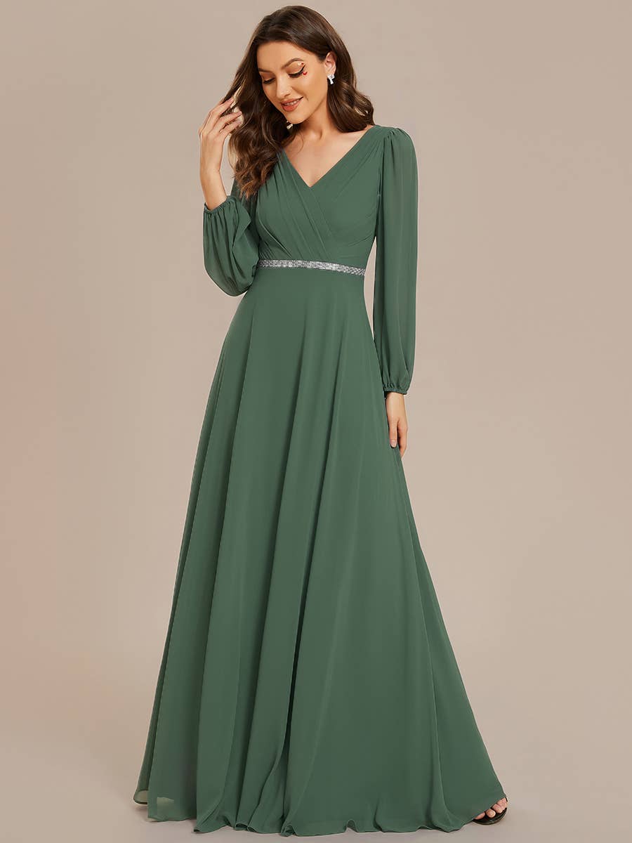 Ever-Pretty - Wholesale Gown - Women's - Elegant waisted chiffon V-neck Long Sleeve guest Dress41