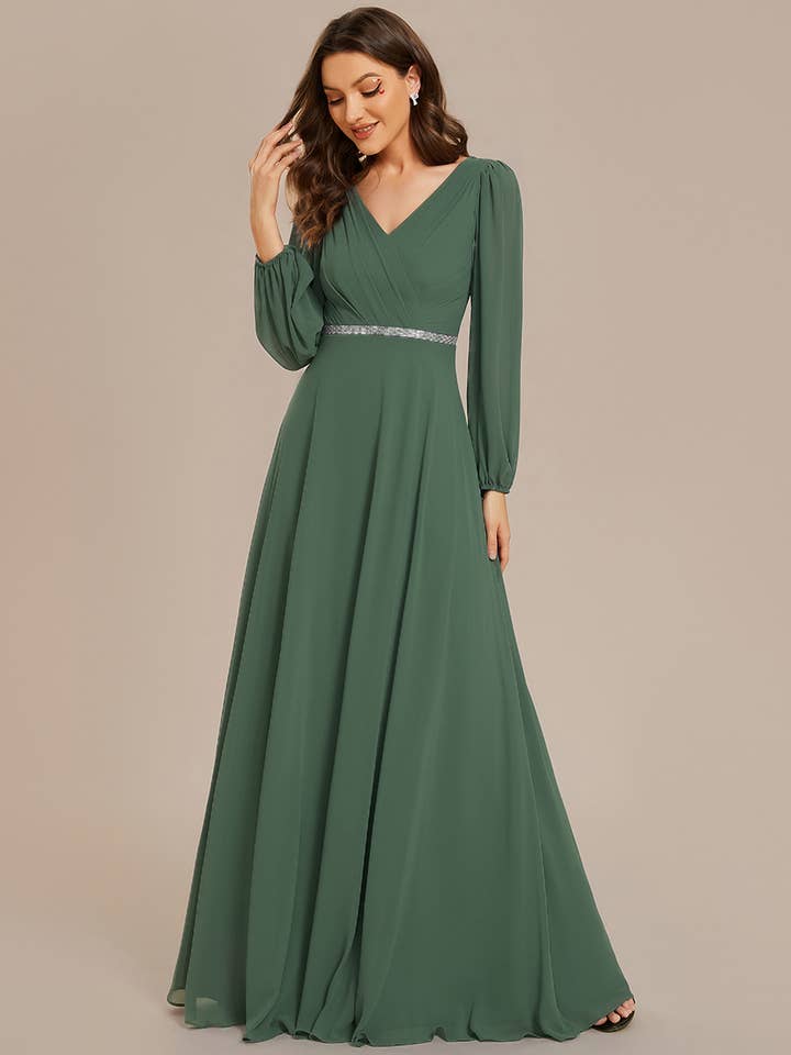 Ever-Pretty - Wholesale Gown - Women's - Elegant waisted chiffon V-neck Long Sleeve guest Dress41