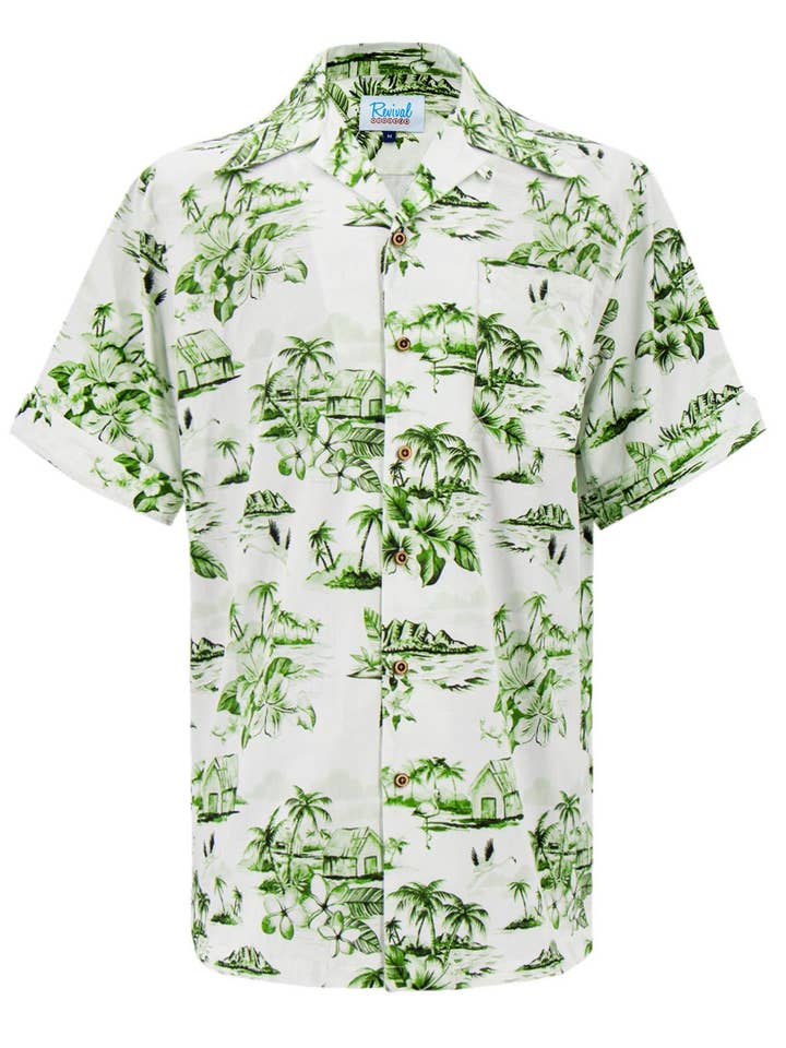 Cotton Hawaiian Shirt - Green Island Print for wholesale by Revival Vintage Ltd