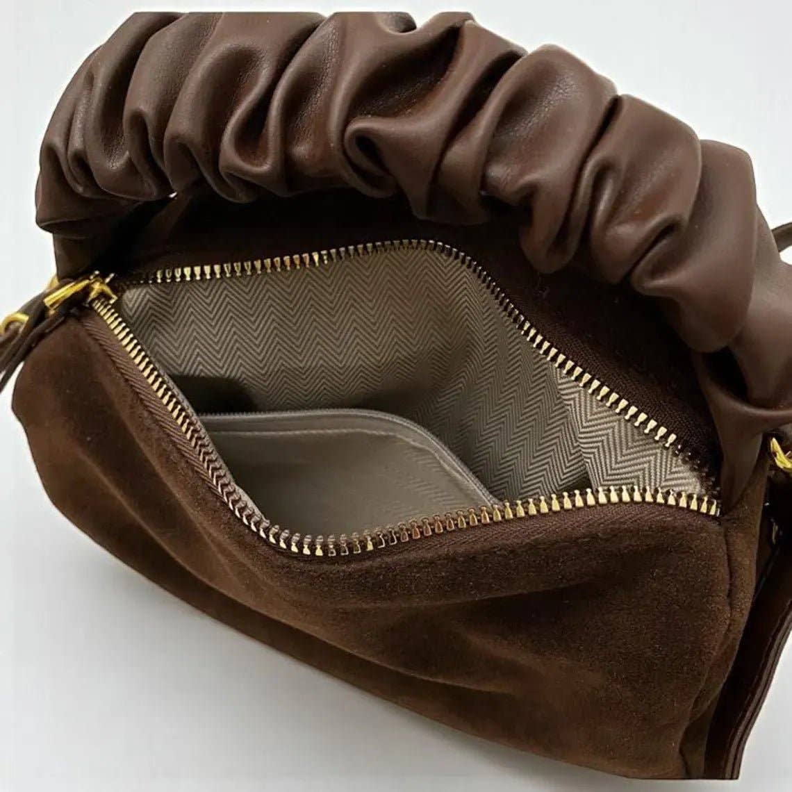 MiMi Wholesale - Wholesale Top Handle Bag - Women's - GMS0095 Faux Suede Ruched Handle Crossbody/Satchel Bag13