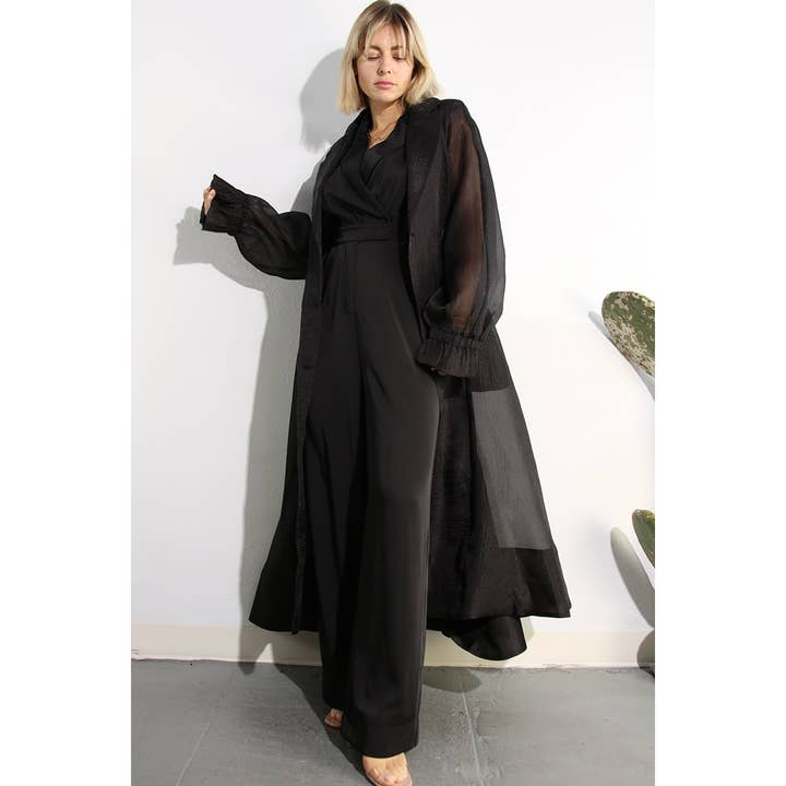 BLACK METALLIC ORGANZA TRENCH COAT for wholesale on Faire13