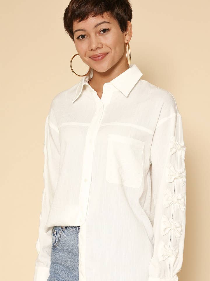 Bow sleeve button down shirt for wholesale by Miss Sparkling