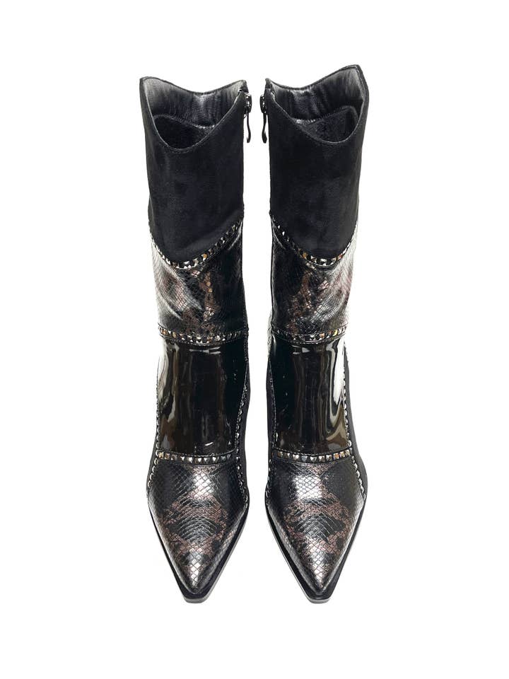 LADY COUTURE – Engroshandel Cowboystøvler - Dame – Art patchworkstøvle i flere stoffer med 9 cm blokhæle3