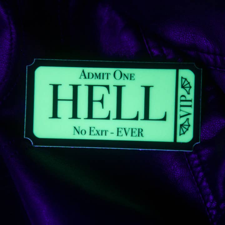 Ticket To Hell Glow-in-the-Dark Vinyl Sticker for wholesale by Crinkle Crow Studio