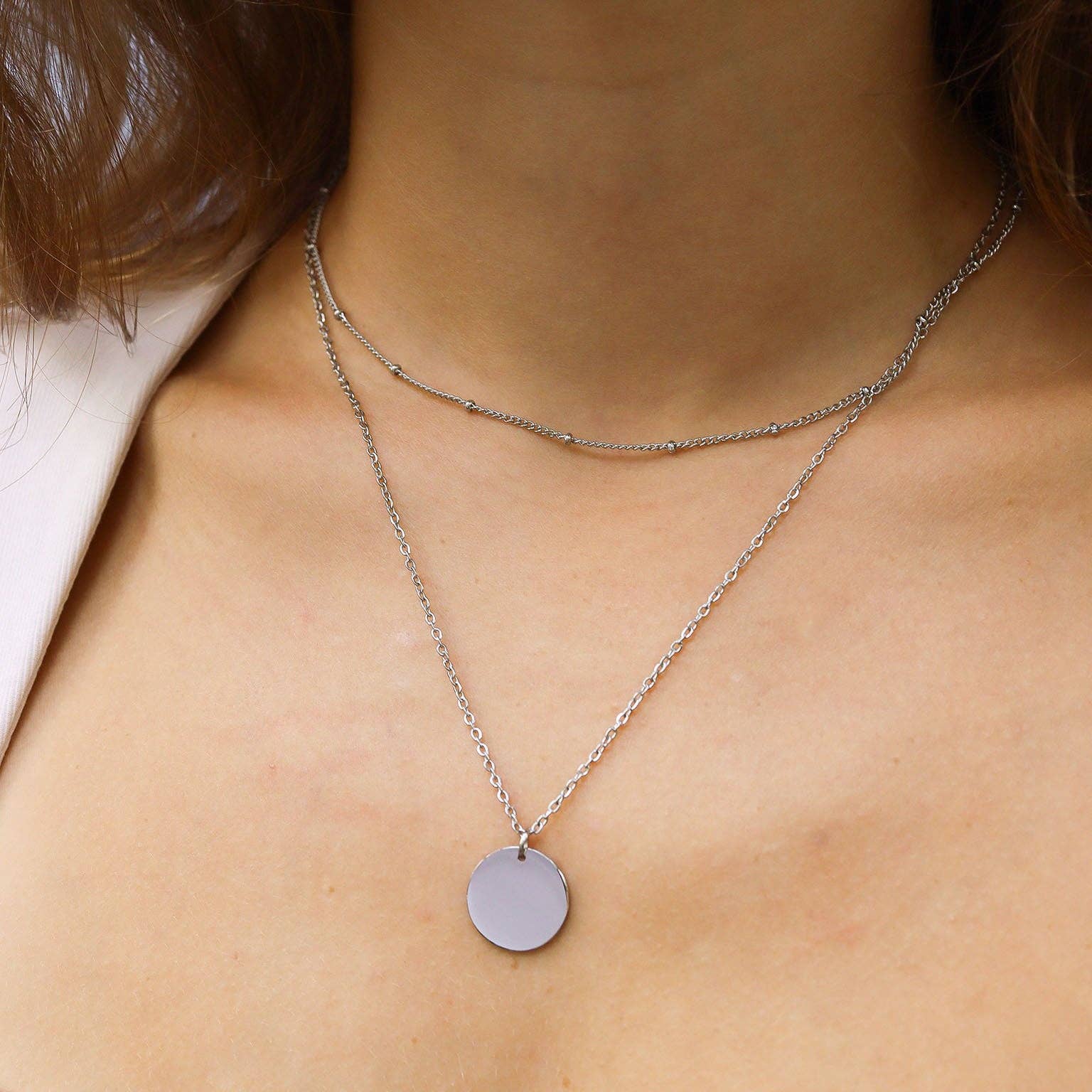 WJW - Wholesale Pendant/Charm Necklace - 18K Gold PVD Stainless Steel Loop and Satellite Chain Blank Disk Layered Necklace3