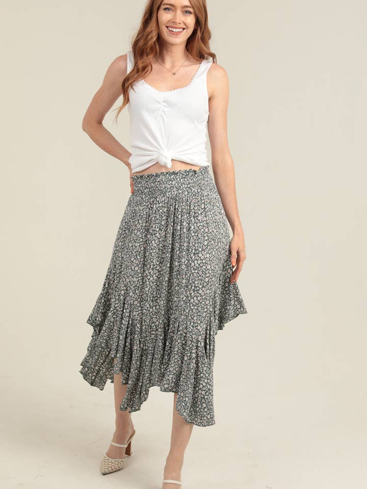 B6B54-A801 FLOUNCY HEM DITSY PRINT MAKI SKIRT for wholesale by ANGIE