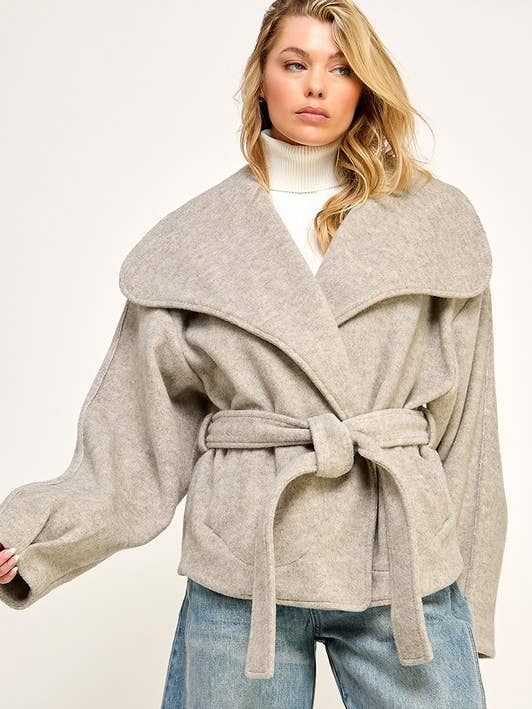 Beige Melange WINTER BIG COLLAR BELTED FLEECE JACKET for wholesale on Faire