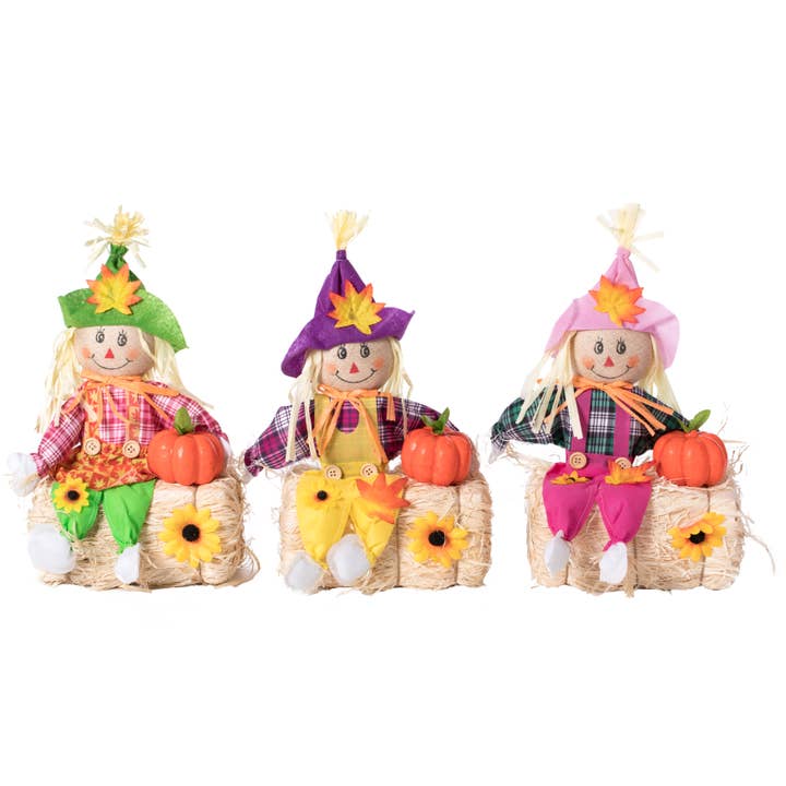 Quickway Imports – wholesale Outdoor ornament/decor – 18 Inch Sitting on Straw and Hay Bales Multicolor Scarecrows