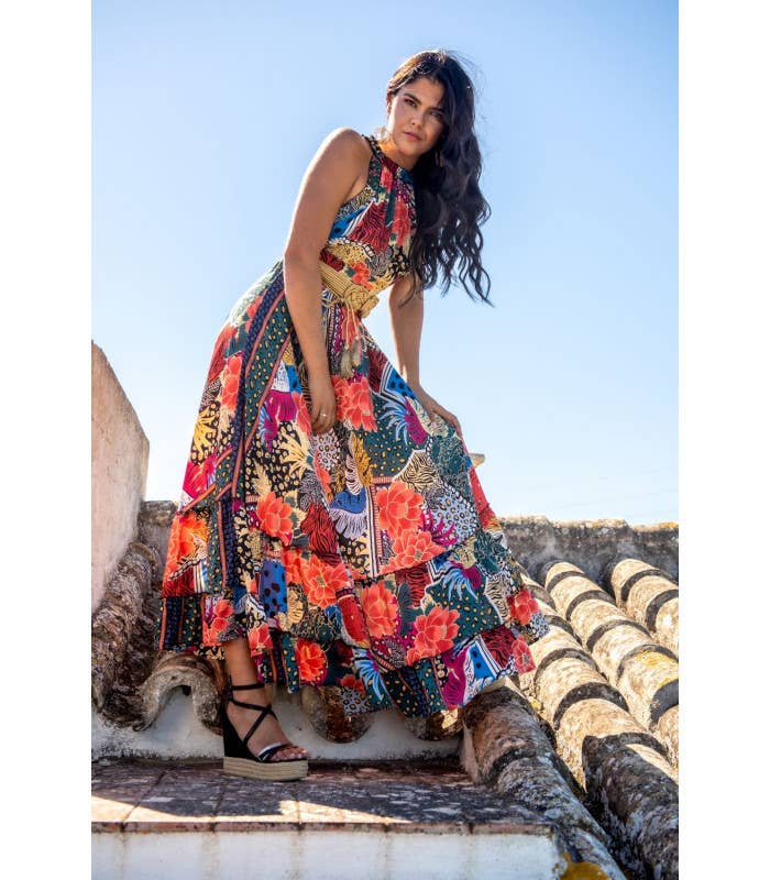 1242 RÉF. : 001242 Robe Sarmiento dos nu à imprimé coucher de soleil et lune en vente sur Faire0