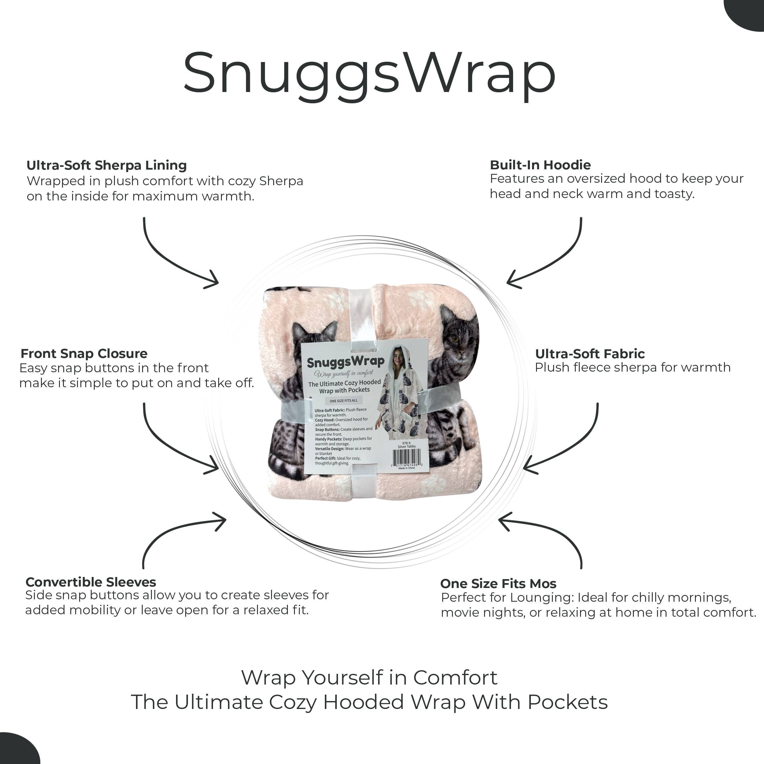 E&S Pets - Venta al por mayor Sudadera con capucha - Unisex - Cobija con Capucha Snuggs Wrap Silver Tabby – Manta Ultra Suave de Sherpa para Amantes de Mascotas4