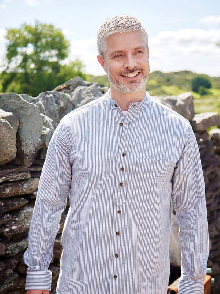 Lee Valley Ireland - Wholesale Button Down Shirt - Men's - Grandfather Shirt Vintage Ivory Pin Stripe on Grey (VR2)1