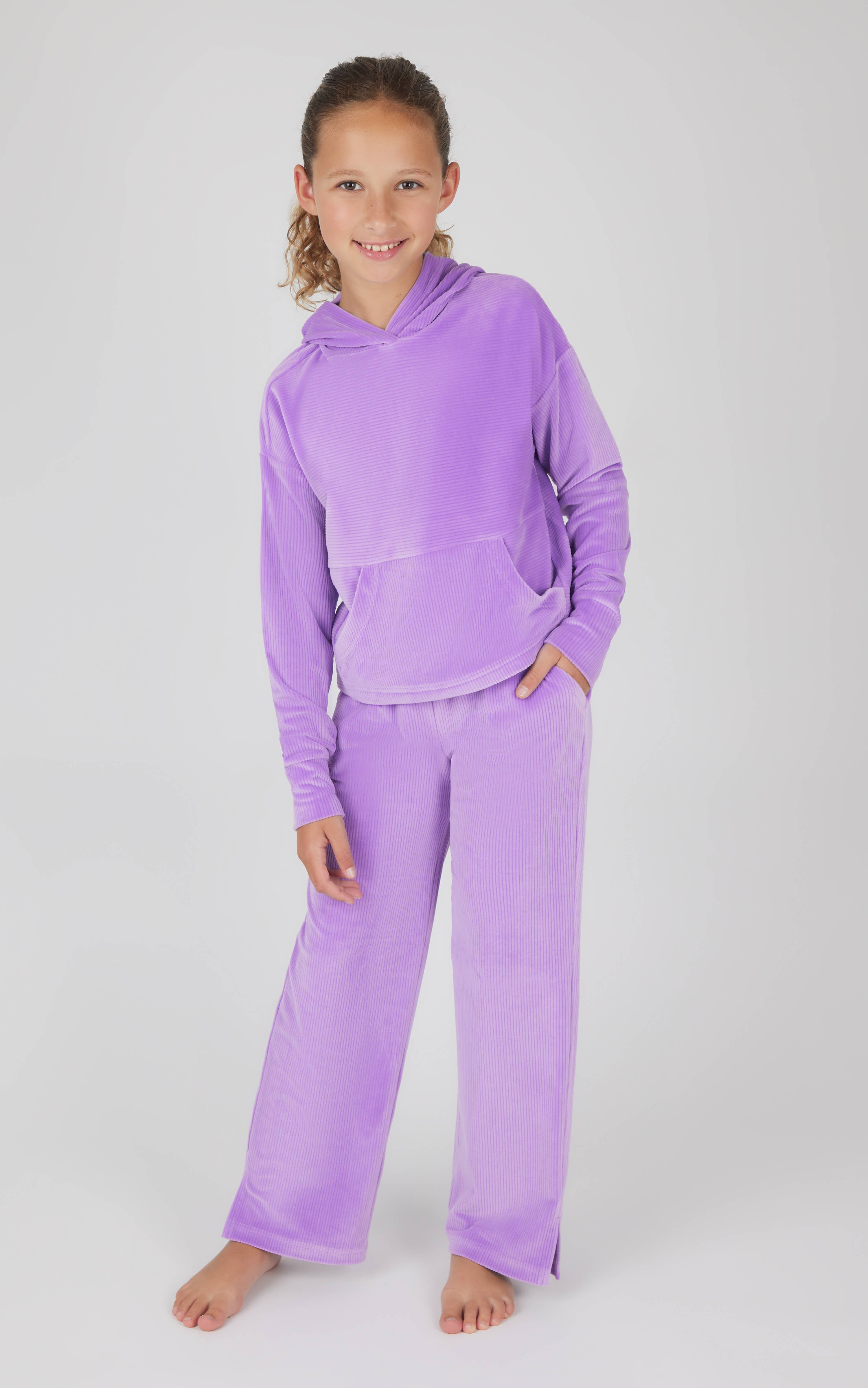 90 Degree by Reflex & Yogalicious - Venta al por mayor Conjuntos de ropa cómoda - Niños - Conjunto de sudadera con capucha y pantalón recto de terciopelo canalé para niñas2