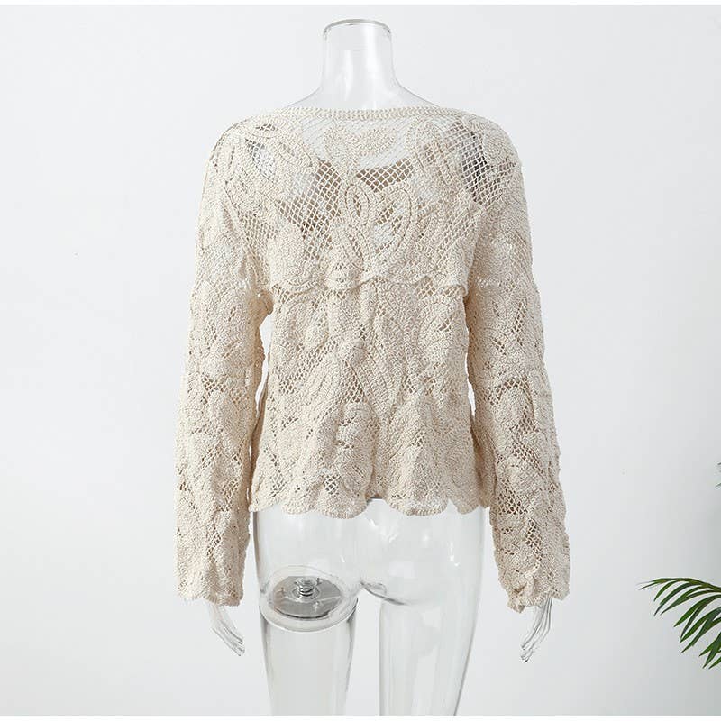 Beige Knit Button-Down Hollow Out Sweater Top for wholesale on Faire1
