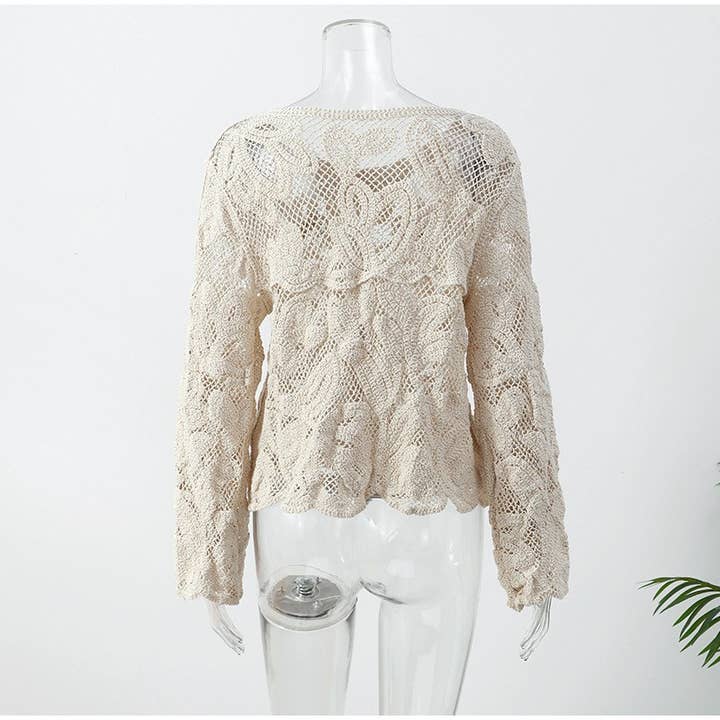 Beige Knit Button-Down Hollow Out Sweater Top for wholesale on Faire1
