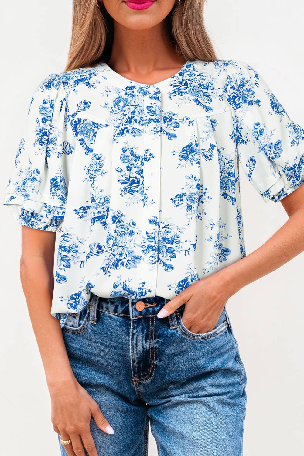 Comme indiqué Chemisier à boutons avec manches bouffantes plissées et motif floral BOHO | S-XL en vente sur Faire6