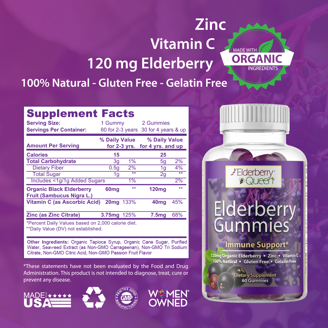 Elderberry Queen - Vente Supplément oral/vitamine - Gélatines au sureau avec vitamine C et zinc, 60 carats7