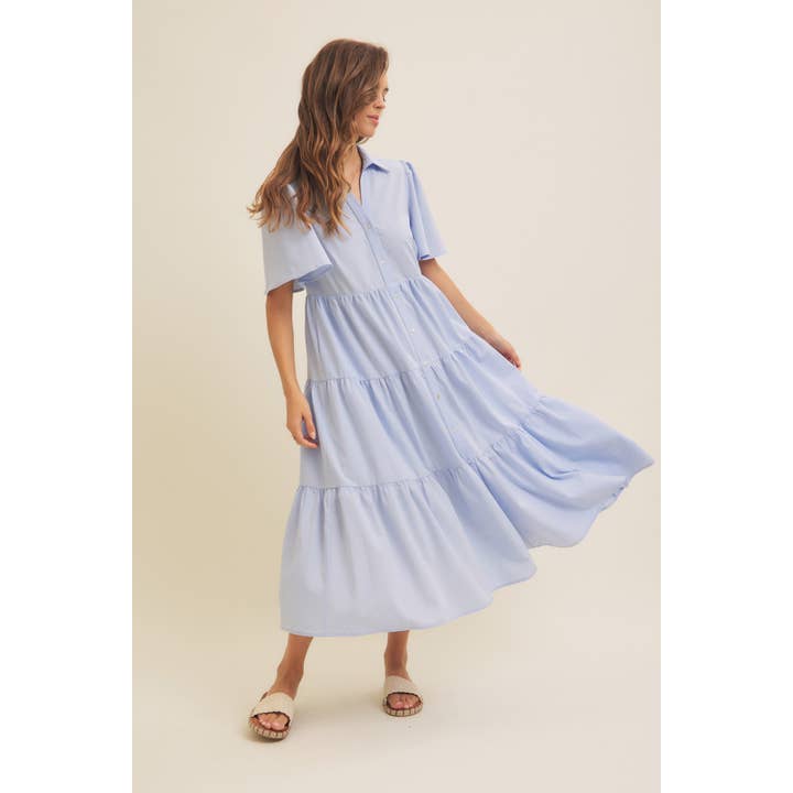 in february - Wholesale Dress - Women's - FLUTTER SLEEVED BUTTON-DOWN SHIRT MIDI DRESS