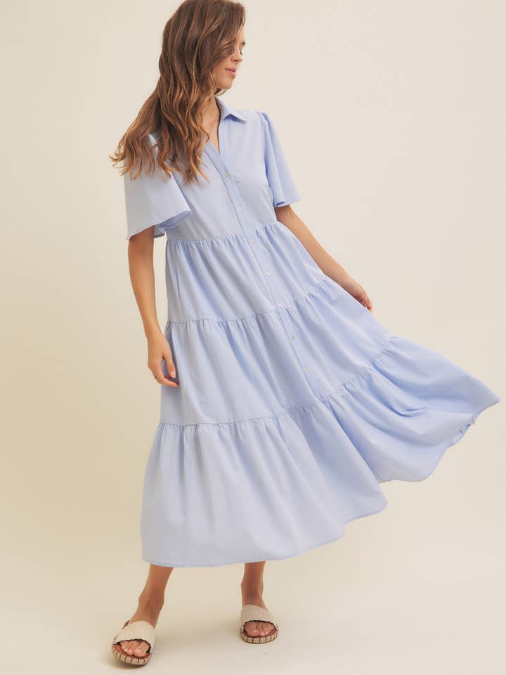 FLUTTER SLEEVED BUTTON-DOWN SHIRT MIDI DRESS for wholesale by in february