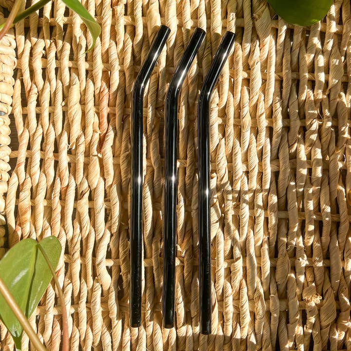 Black Bent Reusable Glass Drinking Straw for wholesale by Emily Paige Company