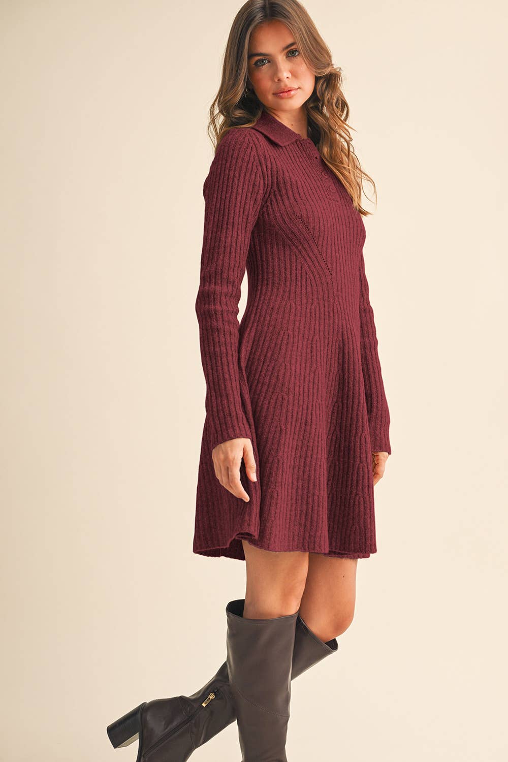 &MERCI - Wholesale Dress - Women's - RIBBED SWEATER FLARED MINI DRESS MSW1096830