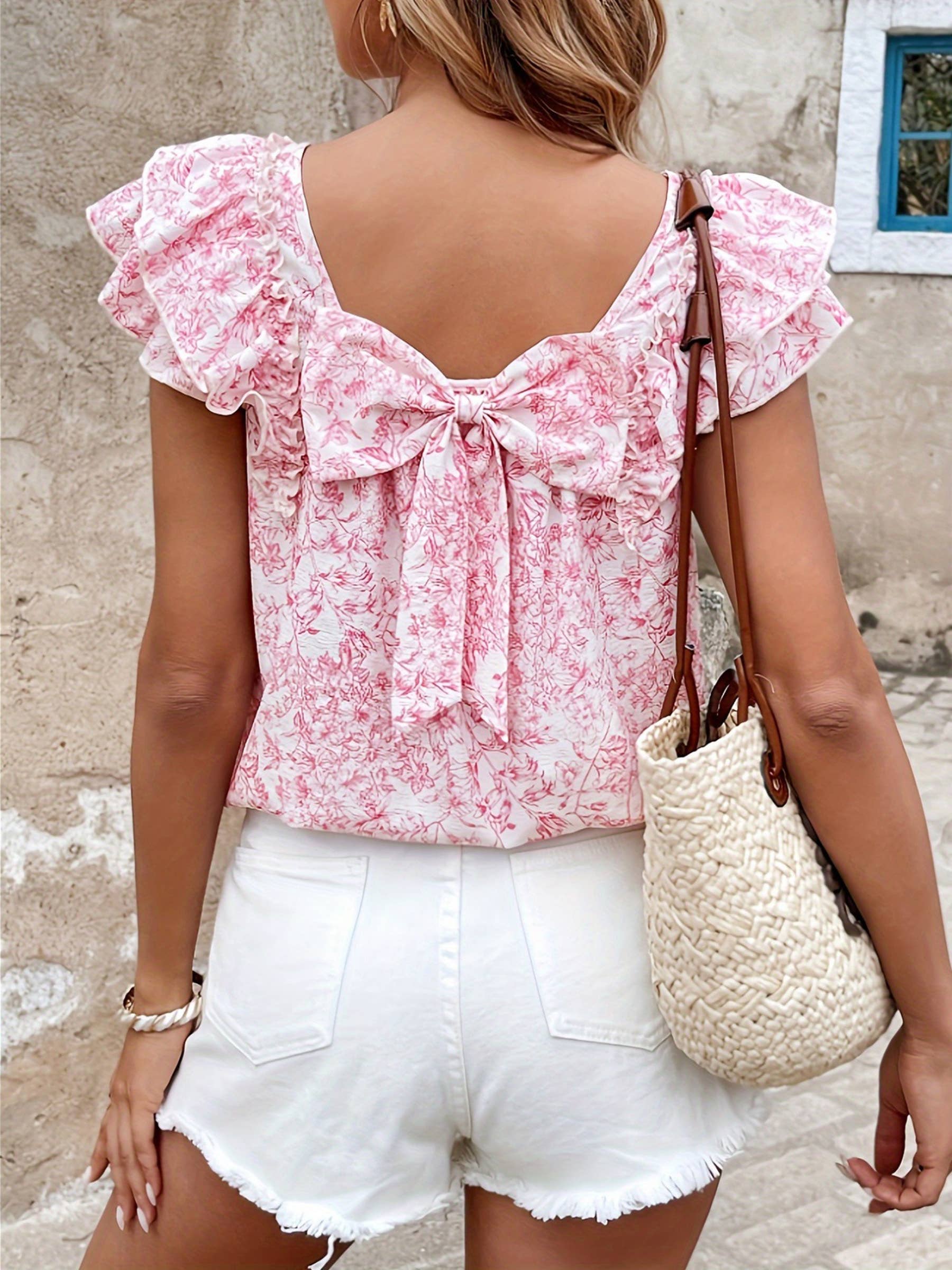 Pink Fashionable Floral Bow Shirt for wholesale on Faire2