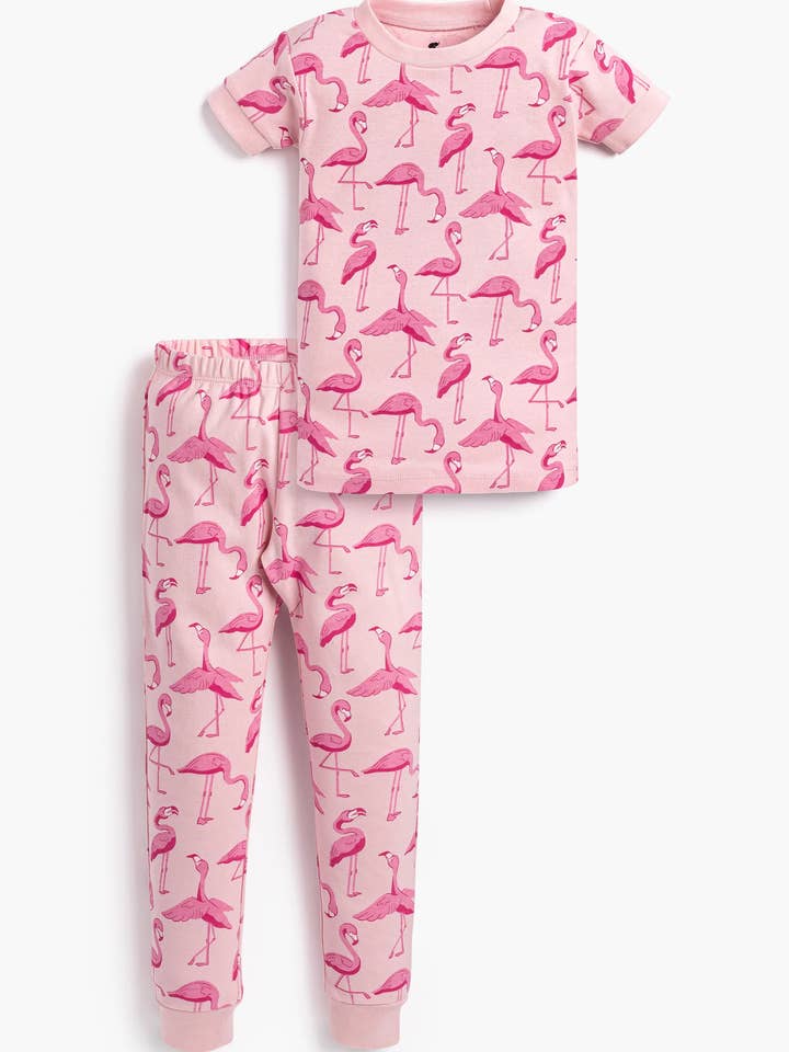 Conjunto de pijama de dos piezas de manga corta para niños_Flamencos rosas para venta al por mayor de Monica + Andy