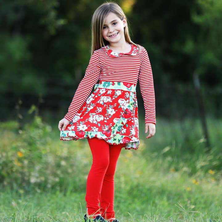 AnnLoren Dress & Leggings Red Floral Stripes Girls Clothing for wholesale by AnnLoren