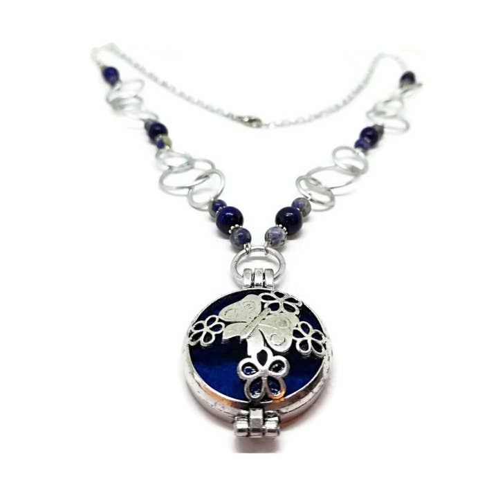 Butterfly Aromatherapy Locket with Lapis Lazuli and Sodalite for wholesale by Bella Ornamenti