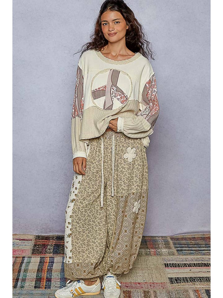 Pol Clothing - Wholesale Knit Top - Women's - Round neck long sleeve cut sew peace emblem knit top
