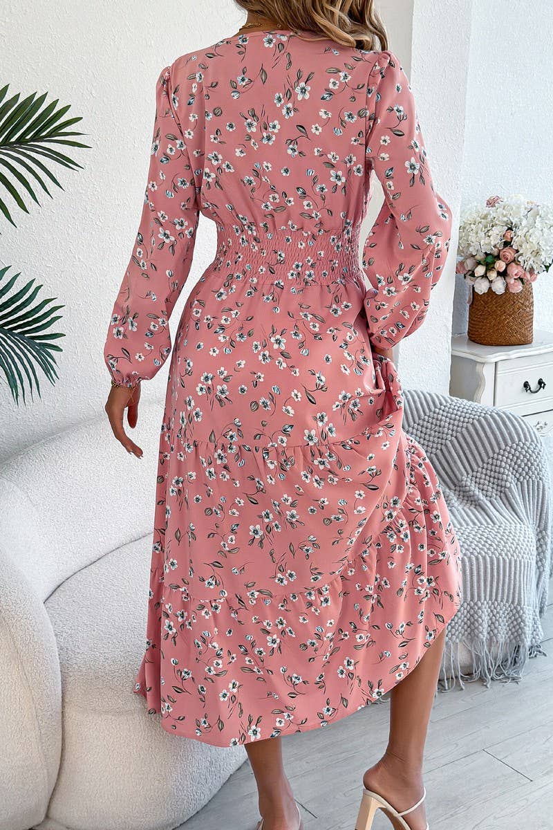 NINEXIS - Vente Robe – femme - Robe à volants à manches longues et col en V à motif floral CWDMD60288