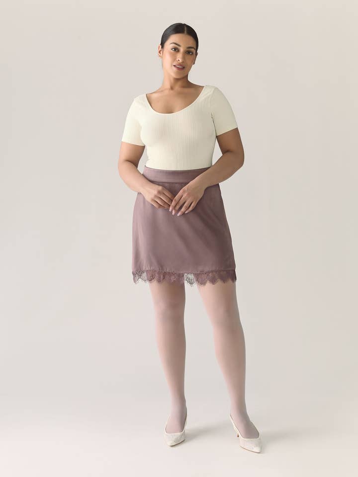 Lace Trim Satin Skirt in Deep Taupe for wholesale by Rachel
