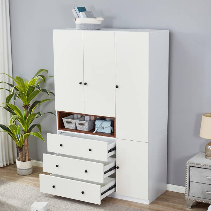 Livelylodge - Wholesale Cabinet - 3-Door Armoire Wardrobe Closet, Wooden 3 Drawers White color