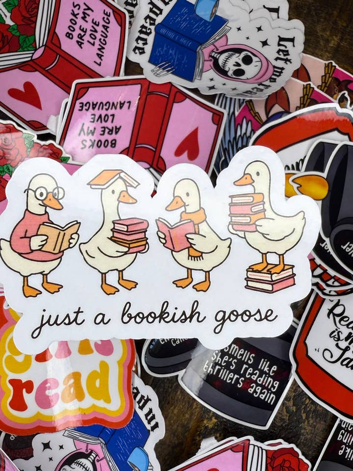 Just a Bookish Goose 3in Sticker for wholesale by Scents, Stories, and Surprises