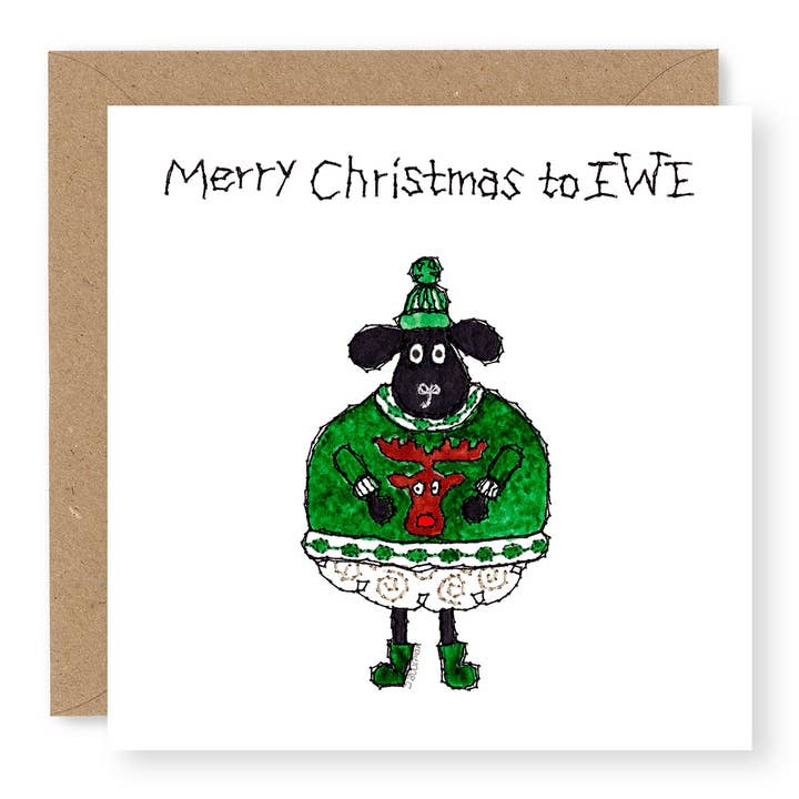 EWE Green Xmas Jumper for wholesale by Jane Buurman Handmade (Greetings Cards)