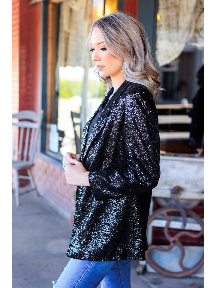 Mix Pattern Spotlight Worthy Sequin Blazer in Black for wholesale on Faire1