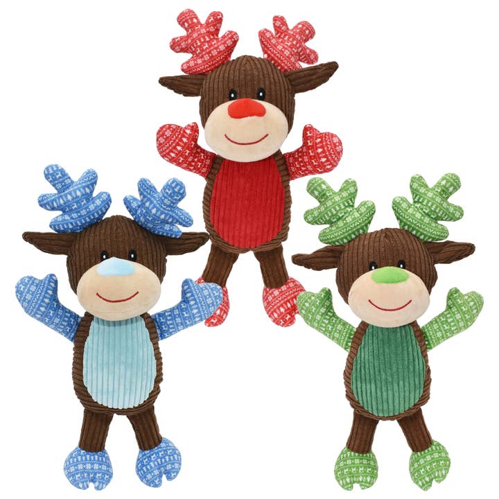 Multipet Holiday Corduroy 14" Reindeer Plush Dog Toy (Assorted Colors) for wholesale by Playful Tail