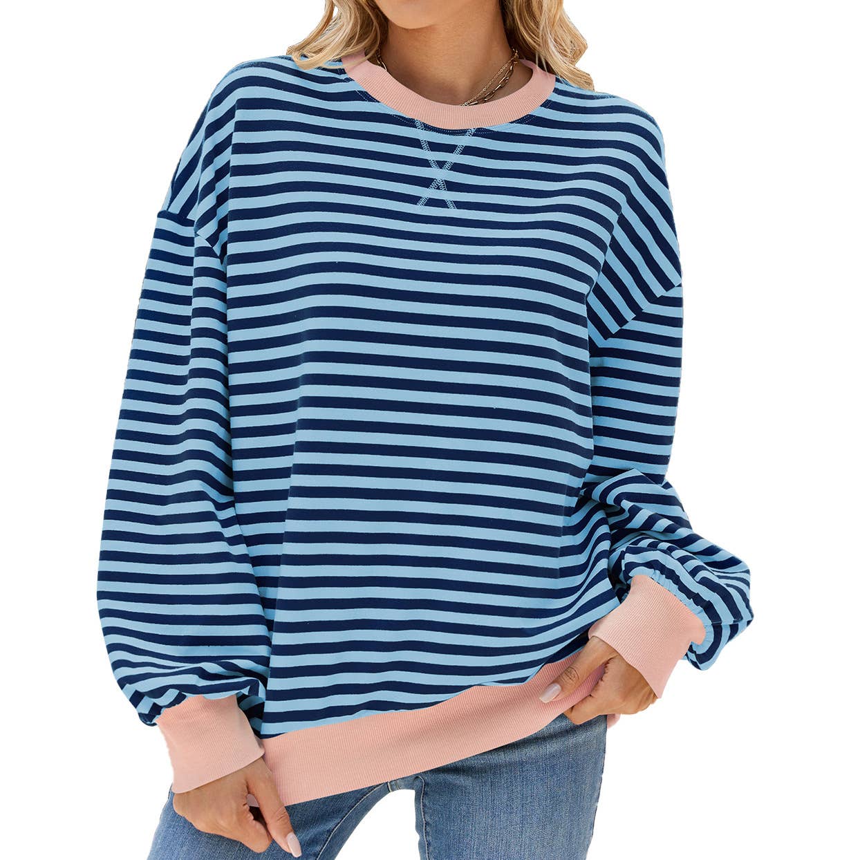 Rosa Clothing - Wholesale Sweatshirt - Women's - Classic Striped Oversized Crewneck Sweatshirt5