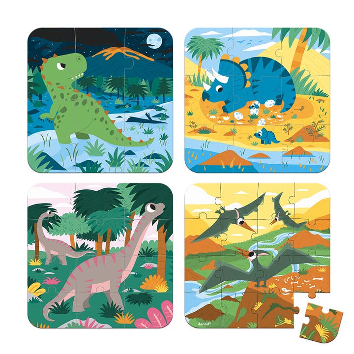 Janod - Wholesale Puzzle - Kids - 4 Progressive Jigsaw Puzzles | Dinosaurs | 6,9,12&16 Pieces
