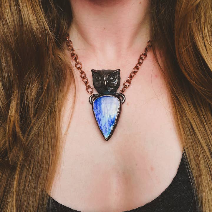 Owl Spirit - Flashy Blue Labradorite Electroformed Copper Necklace for wholesale by Copper Bug Jewelry