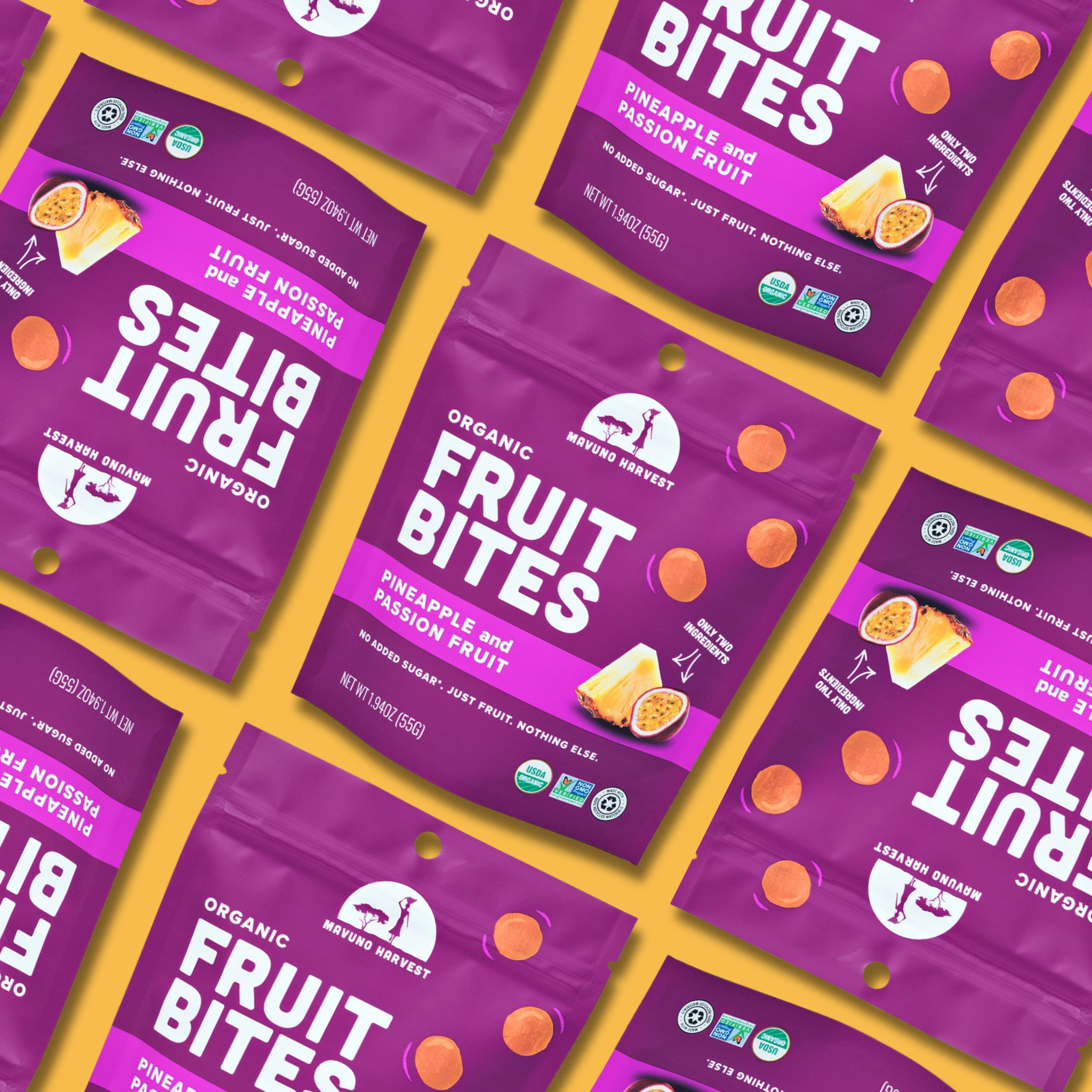 Mavuno Harvest Organics - Wholesale Dried/Dehydrated Fruit - Organic Fruit Bites: Pineapple & Passionfruit, 8-pack case3