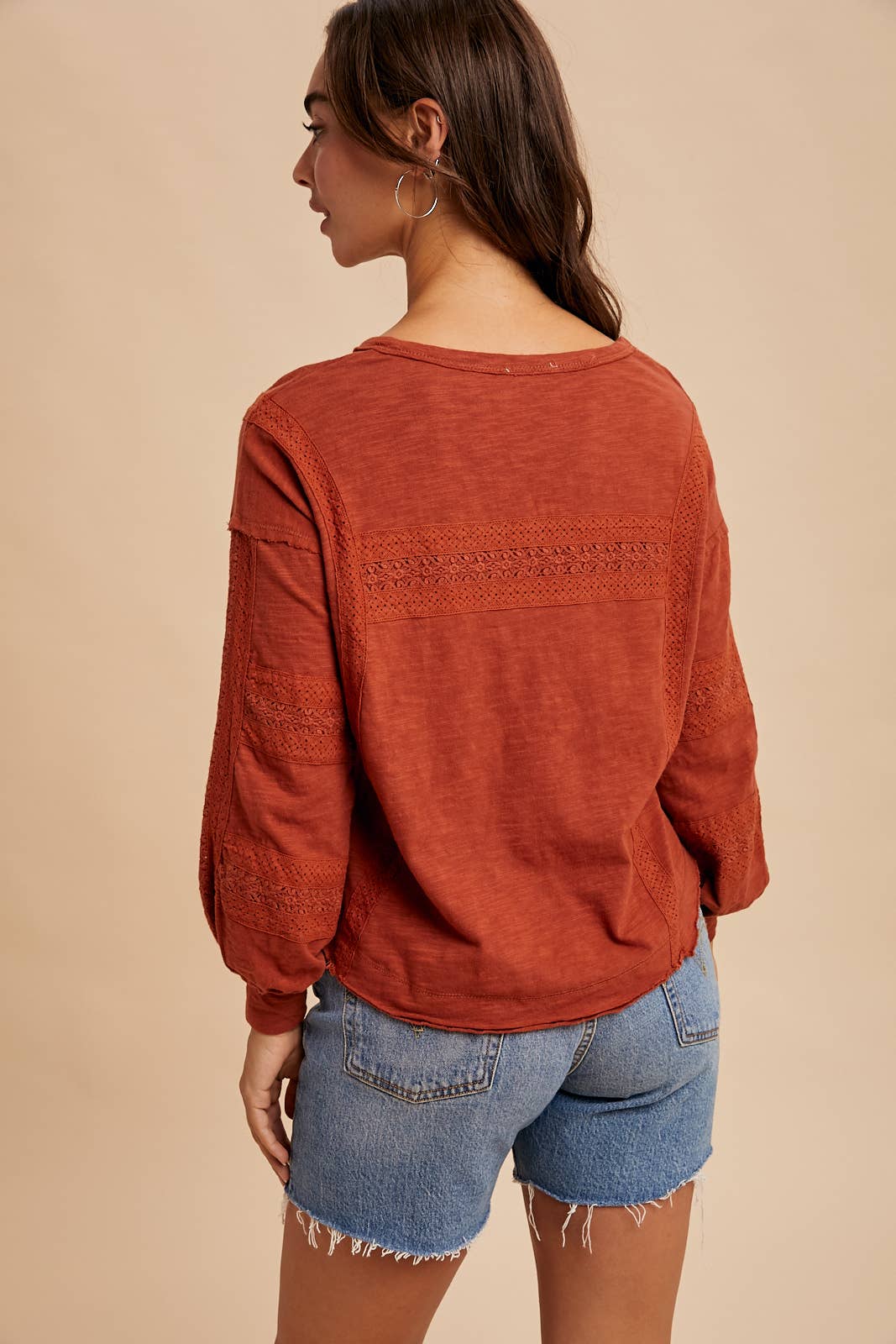 In Loom - Wholesale Blouse - Women's - GARMENT WASHED LACE INSET LONG SLEEVE TOP13