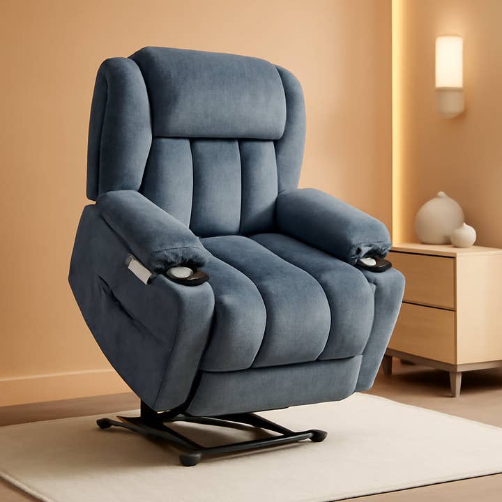 Power Lift Recliner Chair With Full Body Massage And Heat In Elegant Blue Chenille Fabric for wholesale on Faire