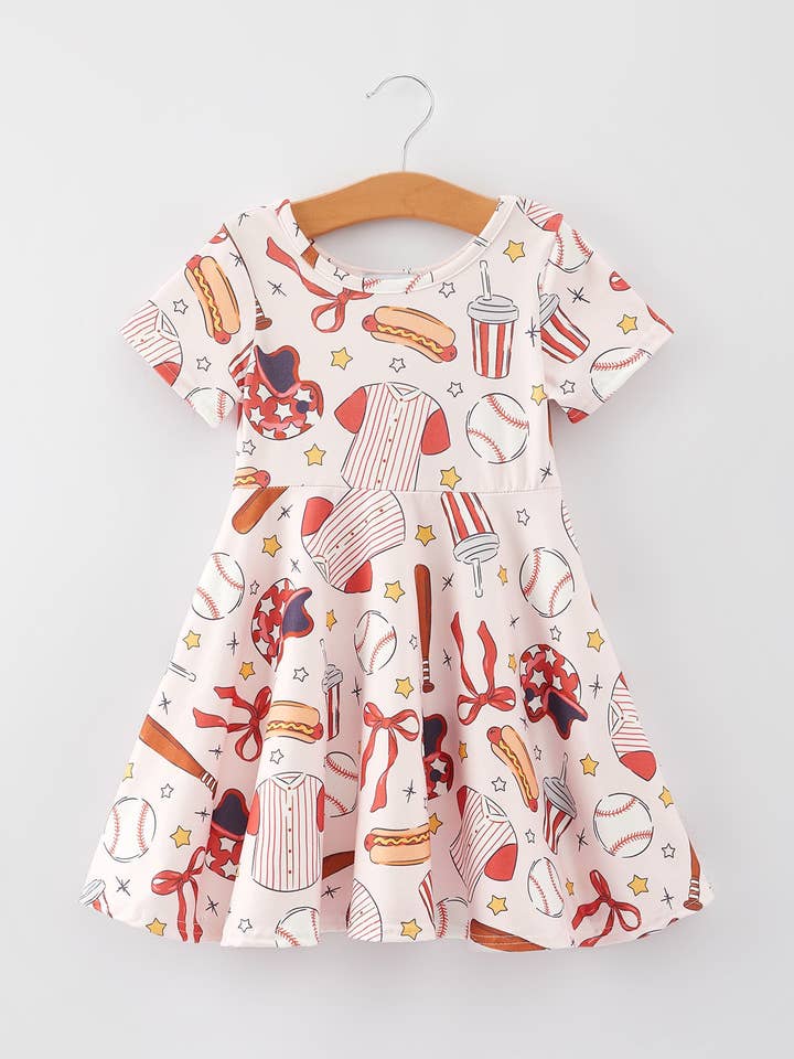 Baseball Drink Hot Dog Print Milk Silk Girls Dress for wholesale by Rylee Faith Designs