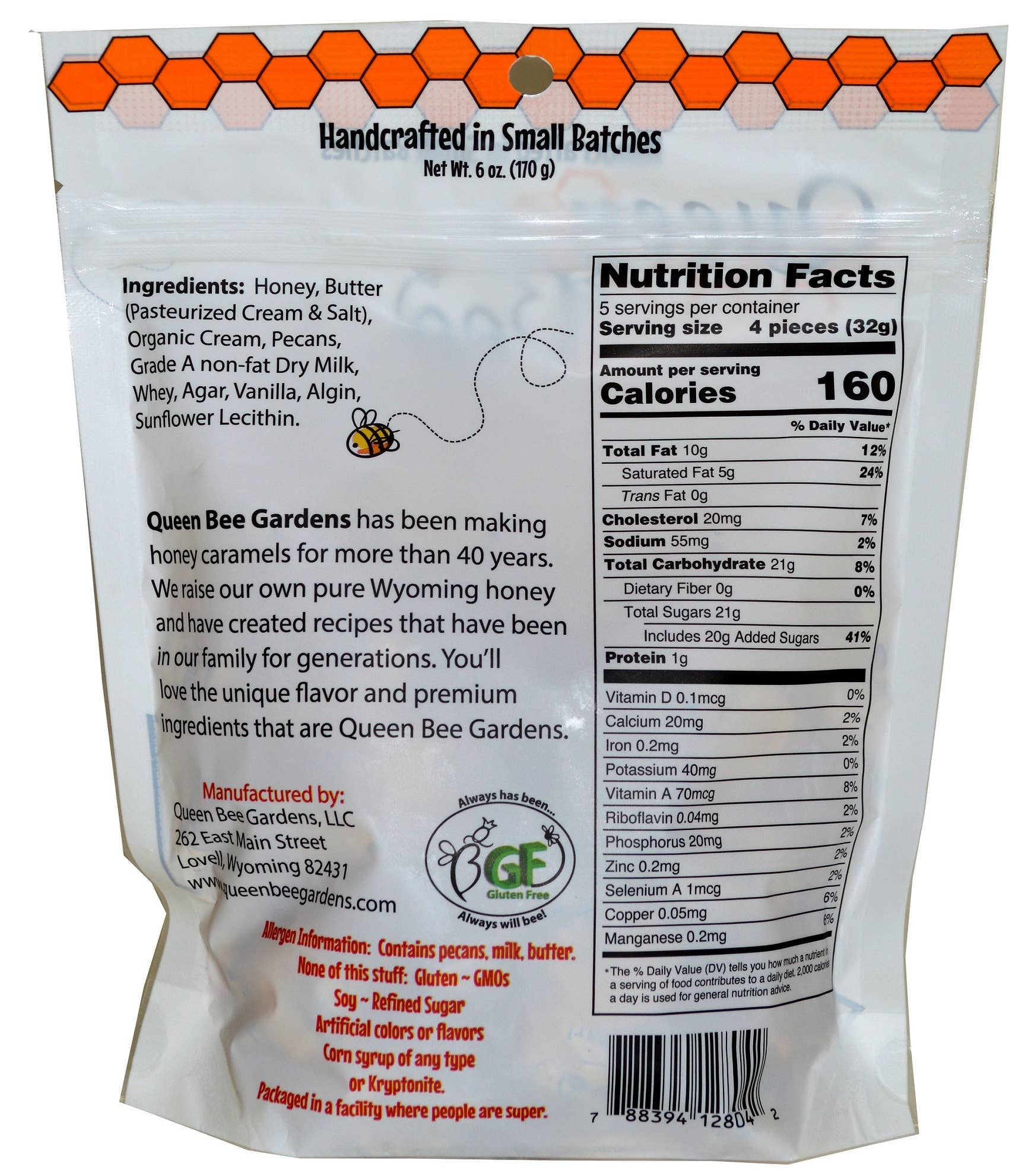 Queen Bee Gardens - Wholesale Caramel - 9 - 6 oz Bags of Pecan Pearl Honey Caramels2