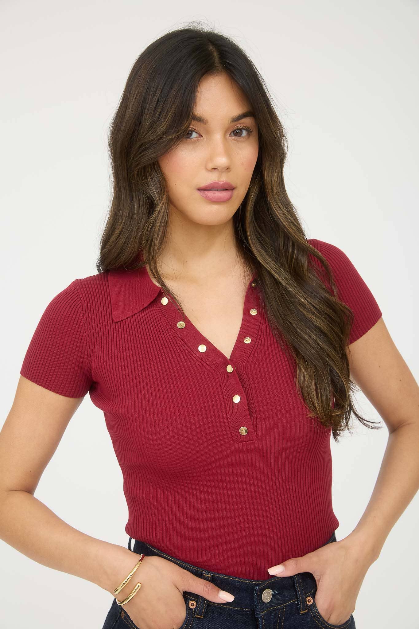 The Workshop Studio - Wholesale Knit Top - Women's - PLUS GOLD SNAP BUTTON SWEATER KNIT POLO34