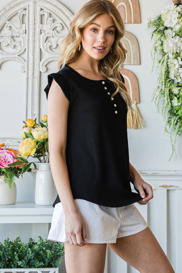 7th Ray – Engroshandel Strikket top - Dame – Solid Rib Knap-Front Flæseærme Top T515612