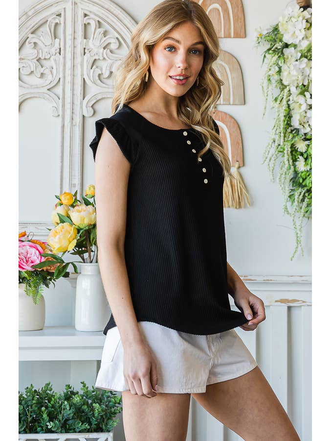 7th Ray – Engroshandel Strikket top - Dame – Solid Rib Knap-Front Flæseærme Top T515612