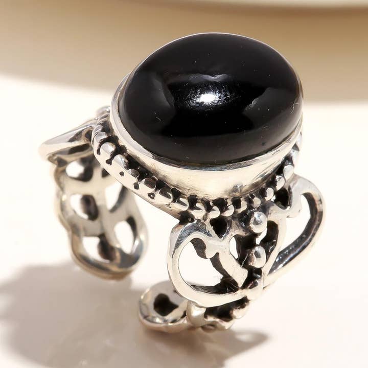 The Midnight Scroll: Black Onyx Cabochon Silver Filigree Ring for wholesale by AG 925 JEWELLERY