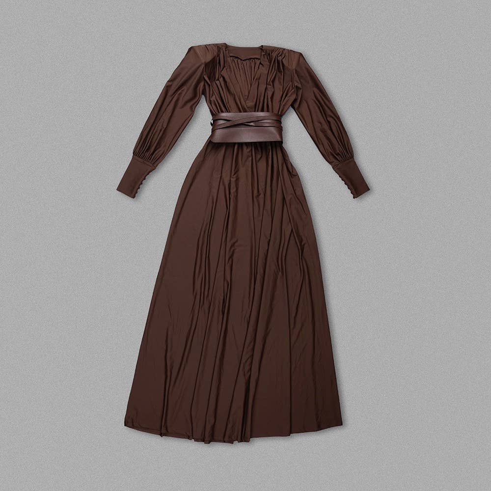 DR316 Elegant Chocolate Gathered Waist Maxi Dress for wholesale on Faire6